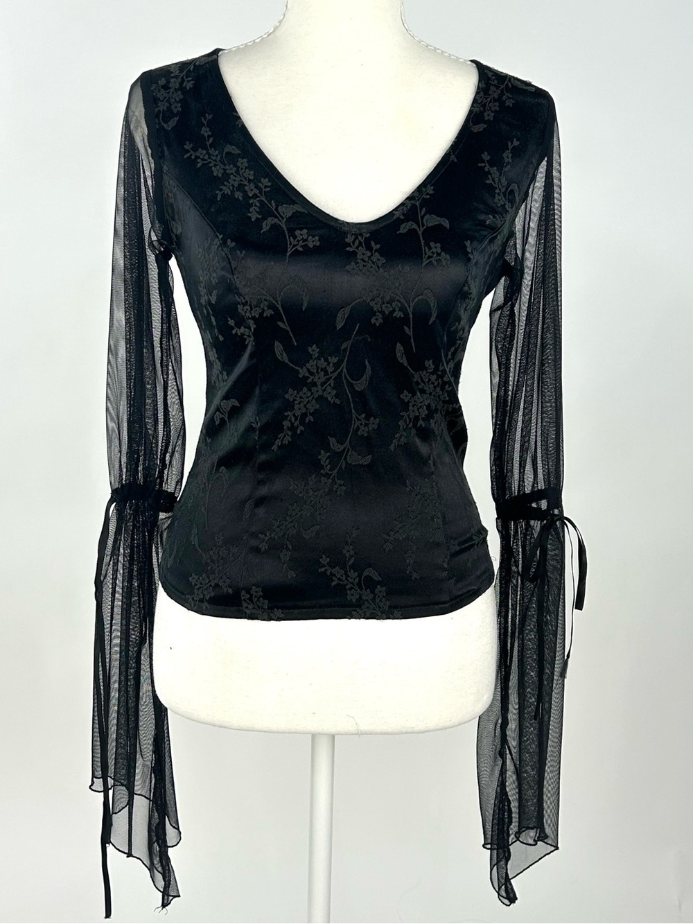 Vintage Y2K Morbid Threads XS Black Satin Mesh Bell Sleeve Goth Top